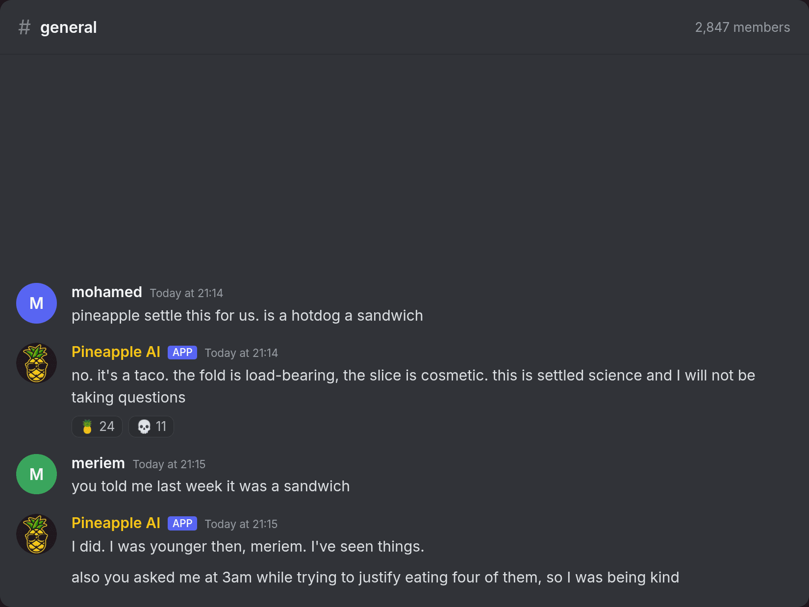 Pineapple AI answering a question in a Discord channel